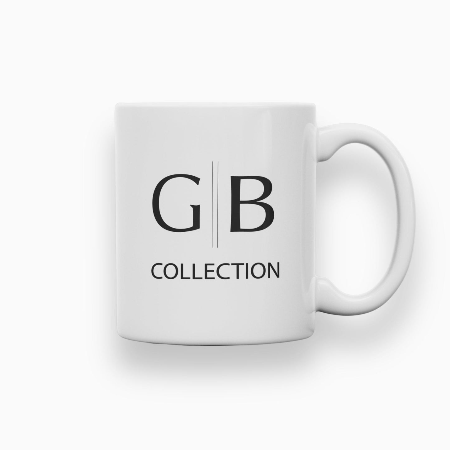White mug with 'GB Collection' branding on a white background
