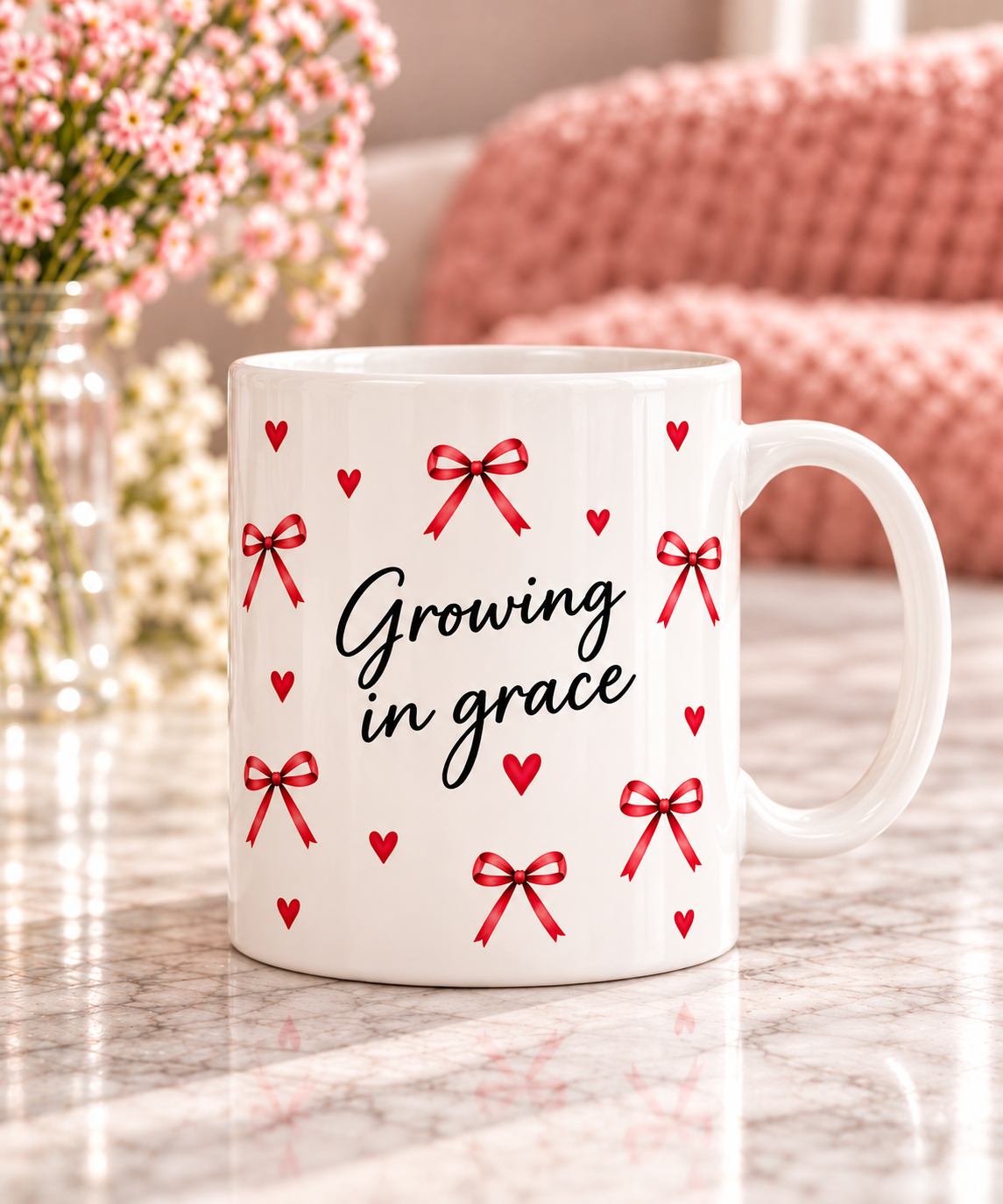 Growing in Grace Bow & Heart Mug with Gift Packaging