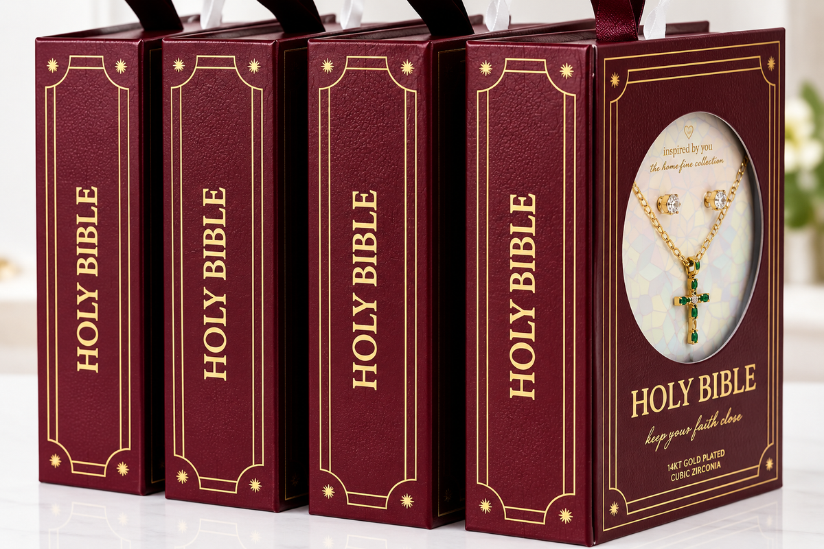 14 karat gold plated emerald cross with cubic zirconia studs it a lovely Holy Bible presentation box