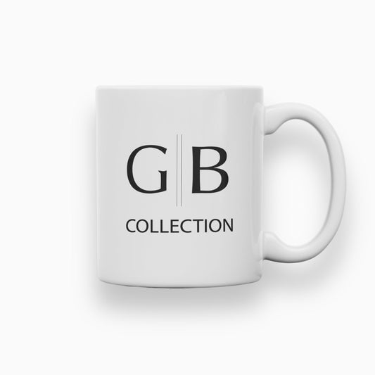 White mug with 'GB Collection' branding on a white background