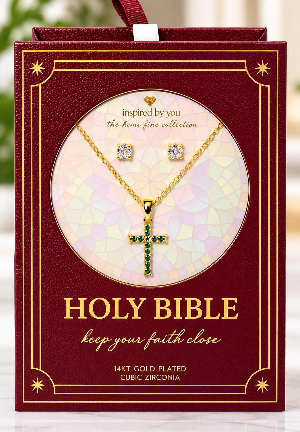 14 karat gold plated emerald cross with cubic zirconia studs it a lovely Holy Bible presentation box