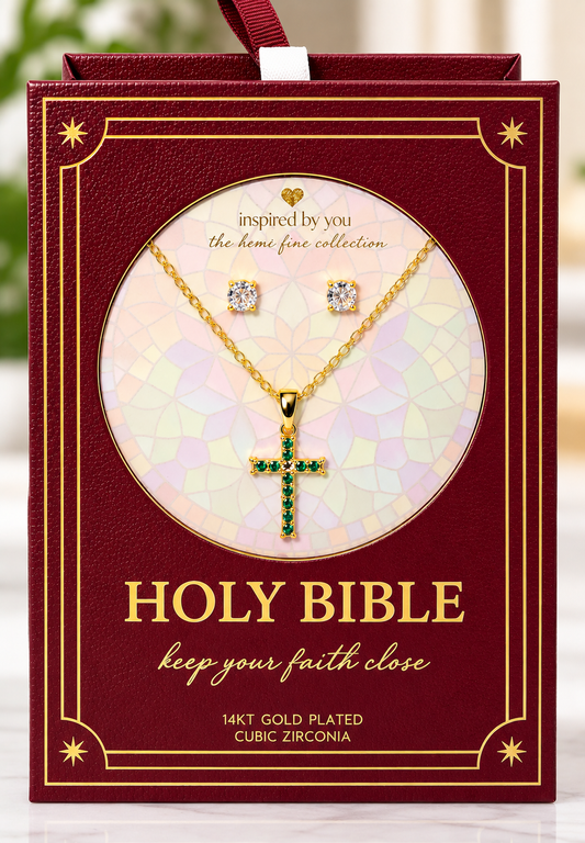 14 karat gold plated emerald cross with cubic zirconia studs it a lovely Holy Bible presentation box