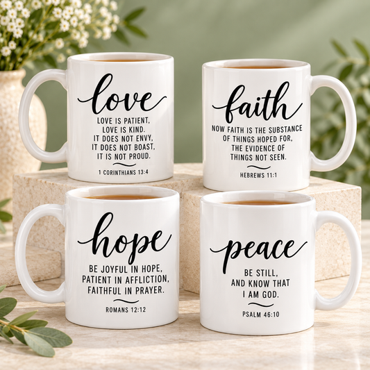 Faith, Hope, Love & Peace – Scripture Mug Collection