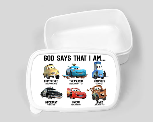God Says That I Am… Kids Lunchbox (Cars Design)