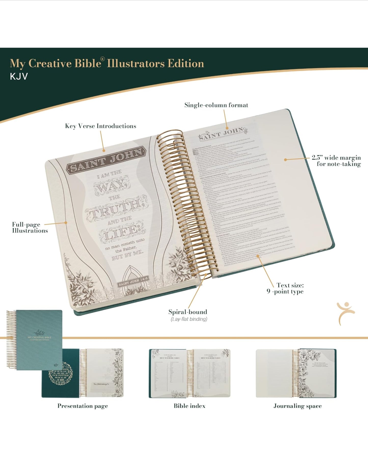KJV Holy Bible, My Creative Bible - Illustrators Edition, King James Version, Journaling Space, Spiral Bound Hardcover Debossed Vegan Leather, Teal Blue